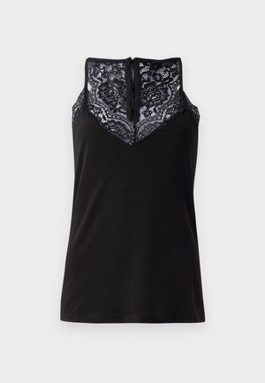 Black tank top with a lace overlay at the neckline, featuring a v-shaped design and a zipper closure at the back. Smooth fabric texture.