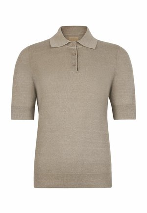 Beige kurzärmliges Strick-Poloshirt mit Drei-Knopf-Leiste und gerippten Bündchen und Saum.