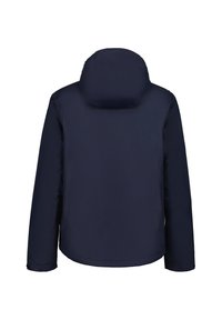 Marineblauwe geïsoleerde jas met een capuchon, een gladde textuur en een eenvoudig ontwerp zonder zichtbare hardware of patronen.