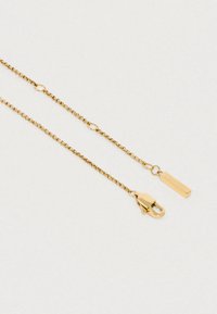 Χρυσή αλυσίδα περιφέρειας με κούμπωμα και ορθογώνια ετικέτα με branding. Λεπτή υφή με εναλλασσόμενους μικρούς και μεγάλους κρίκους.