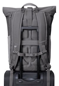 Gray backpack with padded back, adjustable straps, and mesh insets, fitted over a black rolling suitcase handle. Durable fabric, minimalist design.