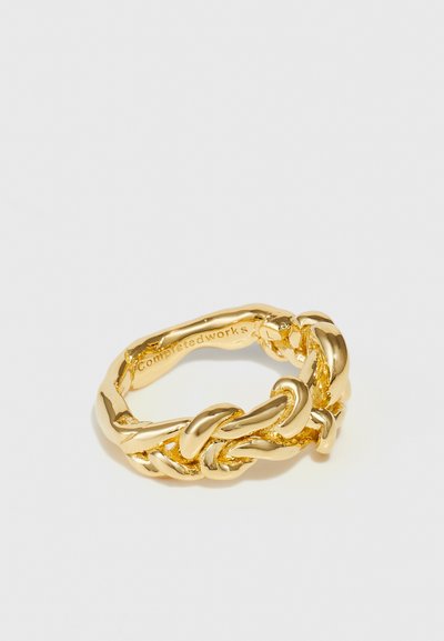Gold-toned ring featuring an intertwined chain design with smooth and textured links. Engraved logo inside the band.