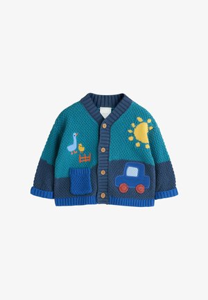 Cardigan tricotat în culoarea teal, cu detalii modelate: include o gâscă albastră, soare galben și un camion albastru, cu nasturi de lemn și un buzunar.