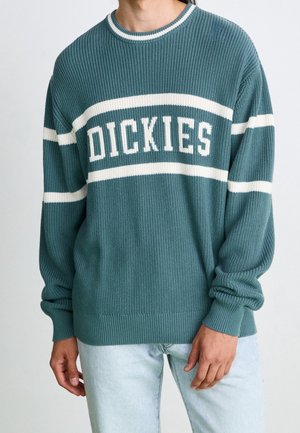 Osoba ubrana w morski sweter dzianinowy z białymi paskami i napisem "DICKIES" na klatce piersiowej, w połączeniu z jasnoniebieskimi dżinsami.