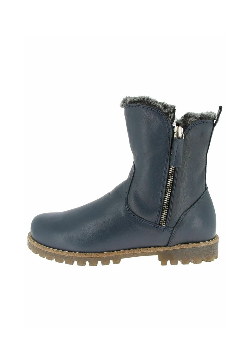 Botte d'hiver en cuir marine avec fermeture éclair latérale, doublure en fourrure grise, semelle robuste marron et poignée à l'arrière.