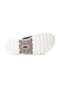 Schoenen met een gestructureerde zwarte bovenkant, witte rubberen zool en grijze tussenzool, met een opvallend rood en wit logo in het midden.