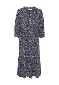 Šaty s květinovým potiskem v námořnické modři, s krátkými rukávy, kulatým výstřihem a rozšířeným lemem. Lehká tkanina s texturovanými vzorovými detaily.
