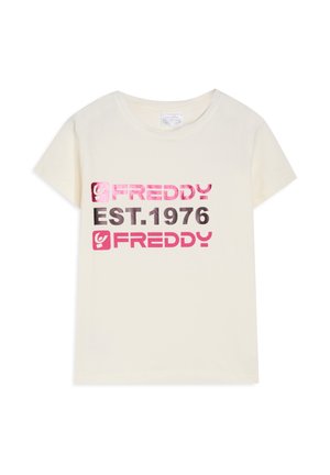 Maglietta in cotone color crema con testo multicolore: "FREDDY", "EST. 1976" e "FREDDY" stampati in rosa e grigio scuro. Maniche corte.