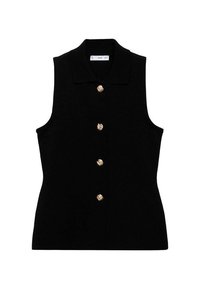 Veste noire sans manches avec un col à revers, ornée de cinq boutons floraux dorés sur le devant, réalisée dans un tissu texturé.