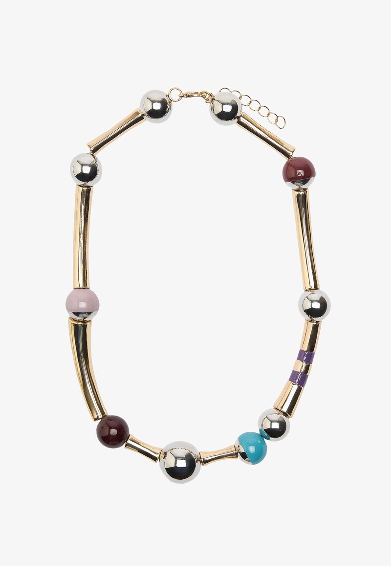 Złota naszyjnik z mieszanymi kulistymi i cylindrycznymi koralikami w kolorze srebrnym, buraczkowym, lawendowym, fioletowym i turkusowym; z zapięciem z łańcuszkiem przedłużającym.