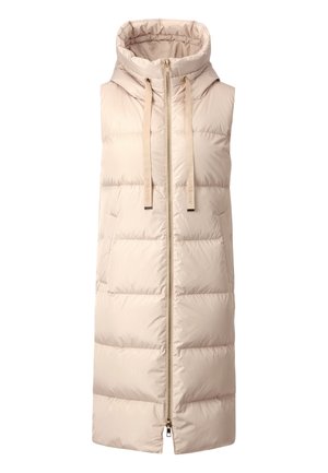 Chaleco sin mangas acolchado en beige claro con un alto cuello, cremallera frontal y cordones. Presenta un patrón acolchado y una textura suave.