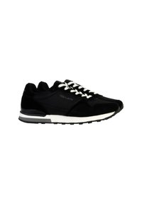 Zwarte sportieve sneakers met een glad synthetisch bovenwerk, contrasterende witte veters en een rubberen zool met een grijze accent.