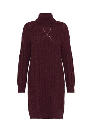 Robe pull en tricot bordeaux avec col roulé, ornée de motifs en cachemire et détails ajourés, à manches longues et coupe décontractée.