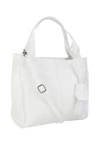 Witte leren handtas met dubbele handvatten en verstelbare schouderriem. Heeft een getextureerd oppervlak en een klein afneembaar label.