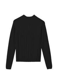 Maglione nero a coste con scollatura alta e maniche lunghe. Presenta strisce verticali e una silhouette aderente. Realizzato in tessuto testurizzato.