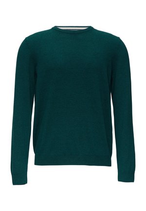 Pull en tricot vert, col rond, manches longues, poignets et ourlet côtelés, texture lisse, design décontracté, distribution uniforme de la couleur.