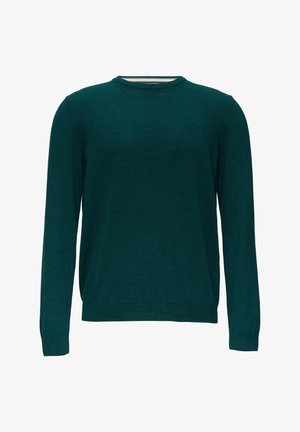 Pull en tricot vert, col rond, manches longues, poignets et ourlet côtelés, texture lisse, design décontracté, distribution uniforme de la couleur.