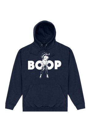 Granatowy hoodie z grafiką postaci i słowem "BOOP" w białym kolorze. Posiada przednią kieszeń oraz kaptur ze sznurkiem. Gładka tekstura.