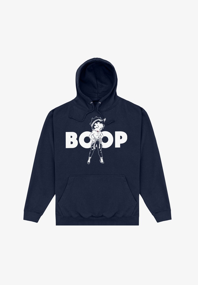 Granatowy hoodie z grafiką postaci i słowem "BOOP" w białym kolorze. Posiada przednią kieszeń oraz kaptur ze sznurkiem. Gładka tekstura.
