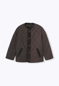 Veste matelassée de couleur marron foncé, avec un col rond, cinq boutons et deux poches latérales, le col ayant un tissu texturé.