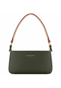 Borsa in pelle verde scuro con un design strutturato, caratterizzata da una tracolla a contrasto rossa e beige e un accento in metallo con logo.