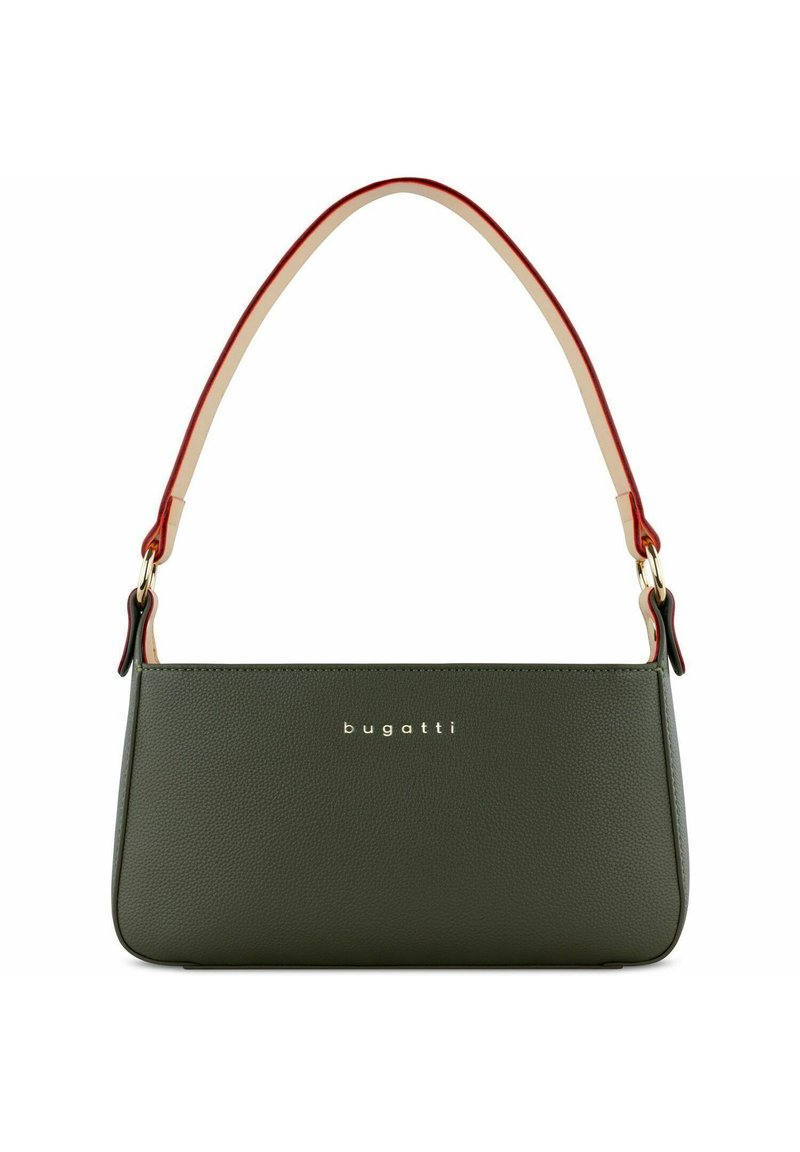 Borsa in pelle verde scuro con un design strutturato, caratterizzata da una tracolla a contrasto rossa e beige e un accento in metallo con logo.