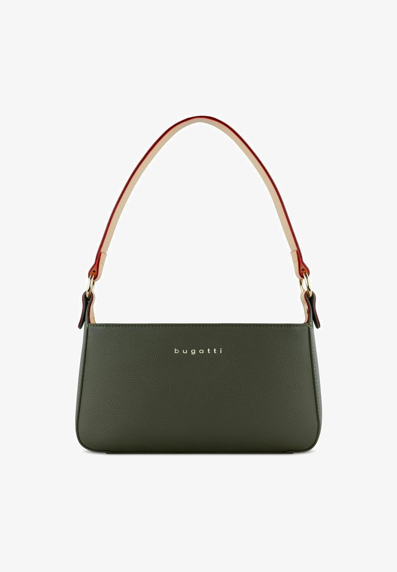 Borsa in pelle verde scuro con un design strutturato, caratterizzata da una tracolla a contrasto rossa e beige e un accento in metallo con logo.