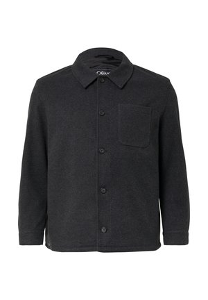 Czarna szara kurtka z zapięciem na guziki, z szerokim kołnierzem, długimi rękawami i jedną kieszenią na piersi. Miękka, teksturowana tkanina.