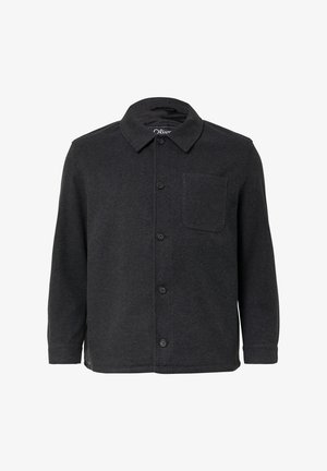 Dunkelgraue Jacke mit Knopfverschluss, Kentkragen, langen Ärmeln und einer Brusttasche. Weicher, strukturierter Stoff.