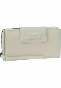 Portefeuille en cuir texturé blanc avec une fermeture à rabat, un patch de marque et un compartiment zippé. Équipé d'une sangle pour le poignet.