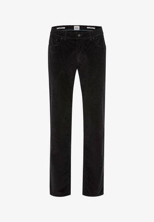 Sorte fløjl bukser med lige snit, der har knapliggende, fem lommer og subtil ribbet tekstur.