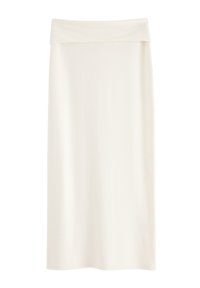 Polven mittainen, kermaanvärinen hame, joka on valmistettu sileästä kankaasta, jossa on leveä, pehmeä vyötäröosa ja yksinkertainen, vartalonmyötäinen muotoilu.