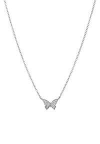 Collar de cadena de plata con un colgante de mariposa adornado con pequeñas piedras preciosas transparentes, enfatizando un diseño y detalles intrincados.
