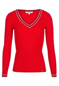 Punainen ribbineuloksinen pitkähihainen paita, jossa V-aukko ja kontrastiväriset raidat kaula-aukkokohdassa ja helmassa. Valmistettu joustavasta kankaasta mukavuutta varten.
