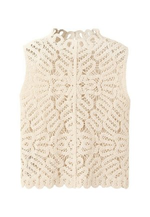 Haut au crochet sans manches de couleur crème avec un col montant et des motifs complexes en dentelle florale partout.