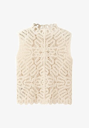 Haut au crochet sans manches de couleur crème avec un col montant et des motifs complexes en dentelle florale partout.