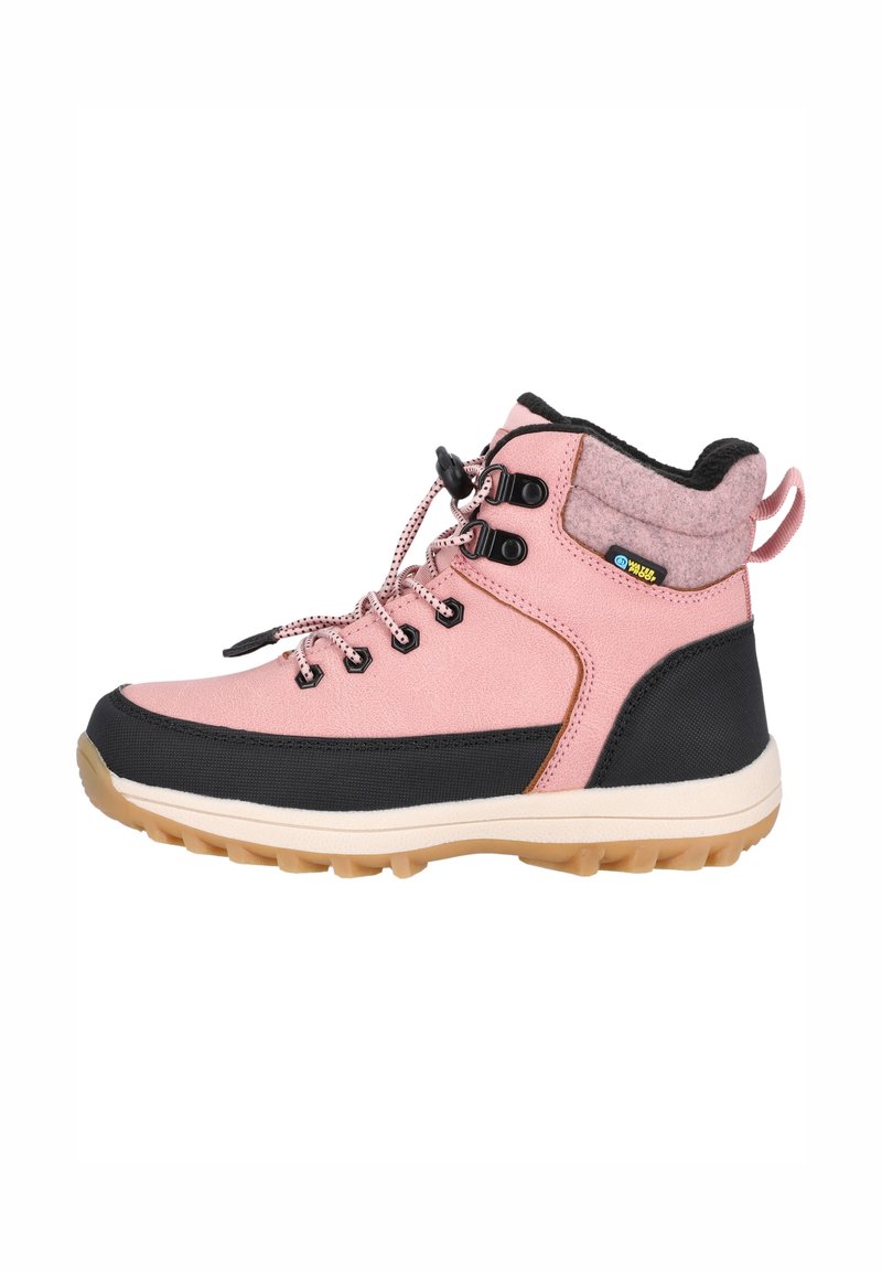 Botte d'extérieur montante rose et noire avec semelle marron, fermeture à lacets, col matelassé et languette arrière.