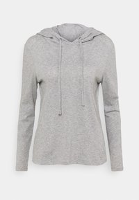 Gray long-sleeve hoodie made of soft fabric, featuring a drawstring hood, relaxed fit, and a straight hemline. No additional patterns or accents.