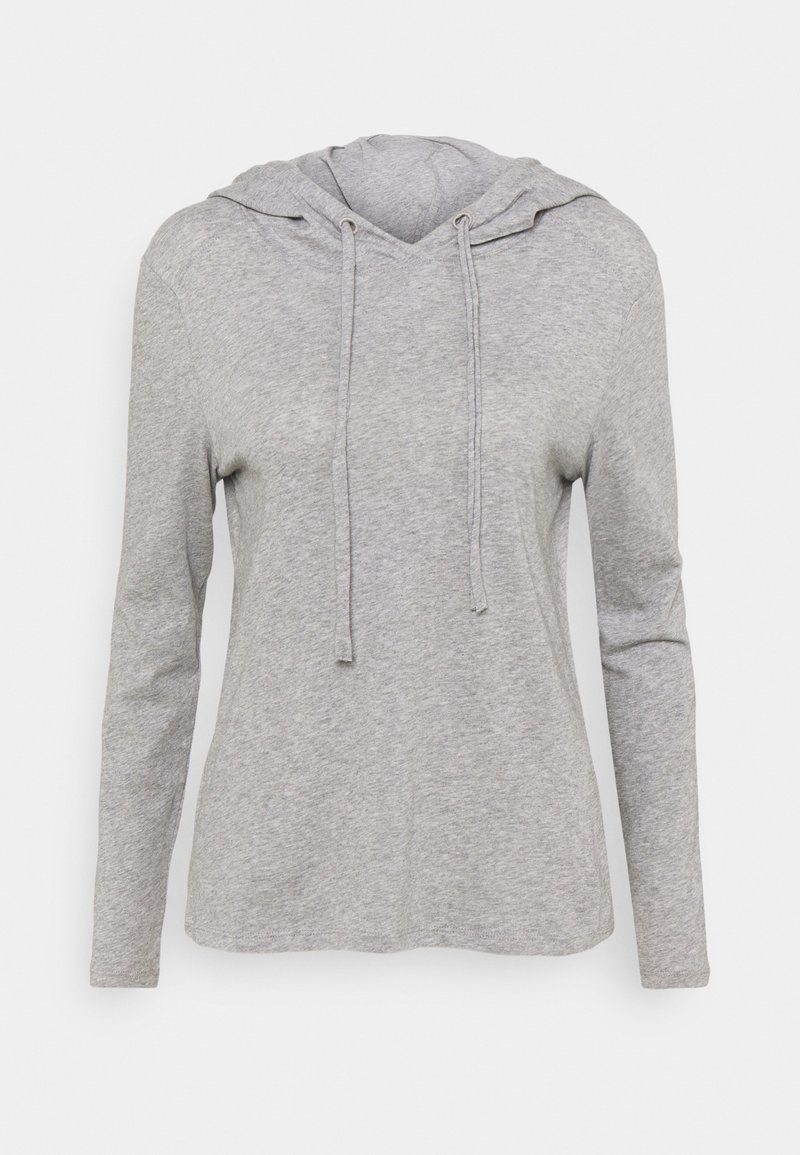 Gray long-sleeve hoodie made of soft fabric, featuring a drawstring hood, relaxed fit, and a straight hemline. No additional patterns or accents.