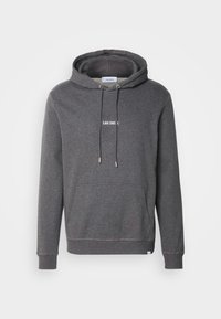 Sweat à capuche gris foncé avec poche avant, cordons et petit texte blanc "LES DEUX" centré sur la poitrine.