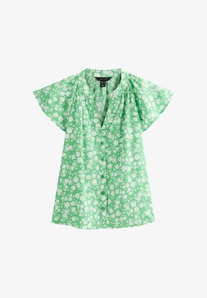 Groene blouse met korte fluttermouwen, voorzien van een bloemenpatroon in het wit, met een knoopsluiting aan de voorkant en een relaxte pasvorm.