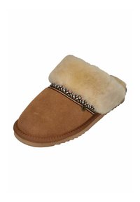 Brown suede slipper featuring a tan fur cuff, decorative pattern, and a rubber sole, designed for comfort and warmth.