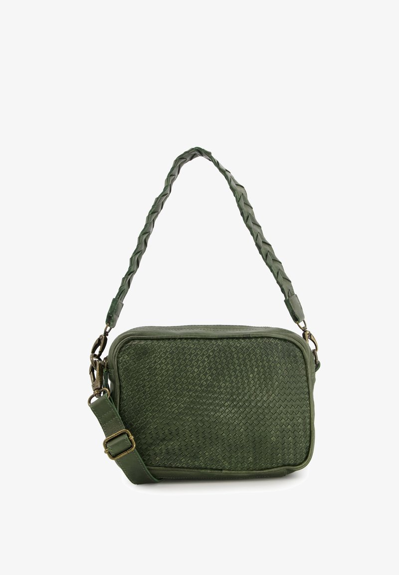 Green woven leather crossbody bag with a rectangular shape, braided strap, and contrasting metal hardware. Textured surface detail.