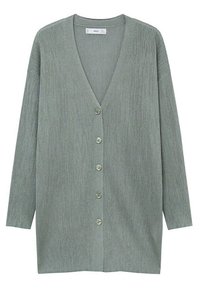 Cardigan a maniche lunghe, con scollo a V, in morbido knit a coste verde chiaro. Presenta sei bottoni abbinati lungo la parte anteriore, vestibilità rilassata e orlo dritto.