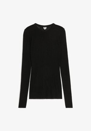 Schwarzes, eng anliegendes Langarmshirt mit Rundhalsausschnitt und gerippter Textur, flach auf weißem Hintergrund präsentiert.