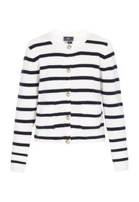 White cardigan with navy stripes, featuring a round neck, six gold buttons, and two front pockets. Soft knit fabric and standard fit.