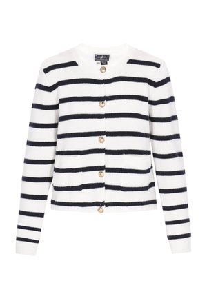 Bijela kardigan sa tamnoplavim prugama, s okruglim izrezom, šest zlatnih dugmadi i dva prednja džepa. Mekana pletiva i standardna veličina.
