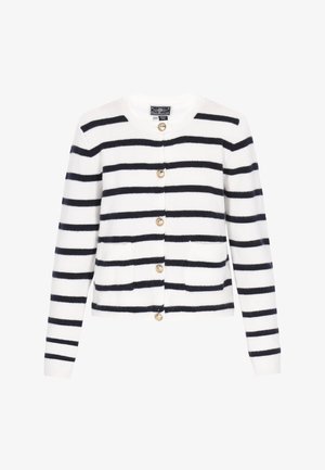 Bijela kardigan sa tamnoplavim prugama, s okruglim izrezom, šest zlatnih dugmadi i dva prednja džepa. Mekana pletiva i standardna veličina.