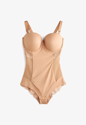 Body beige con coppe con ferretto, dettagli in pizzo sui lati, spalline regolabili e una texture liscia e senza cuciture.