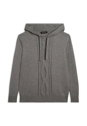 Felpa grigia realizzata in morbido tessuto a maglia, con un design a treccia sulla parte frontale, cordini e polsini e orlo a coste.
